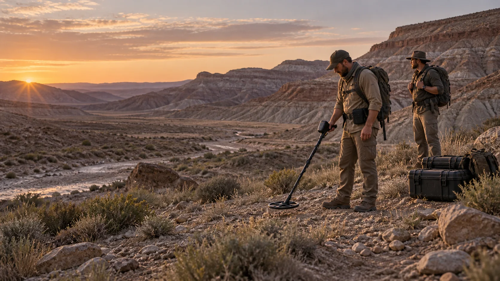 Gold detectors for sale used by a professional prospecting expedition in mineralized badlands