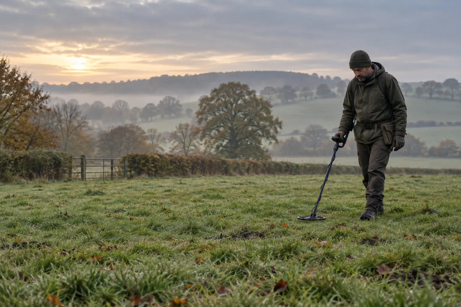 Detectorist preparing a metal detector beside a British pasture permission